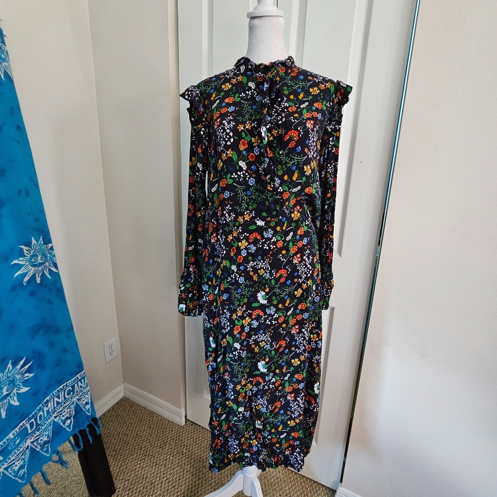 H&M Size 12 Floral Midi Dress Frill Trim Long Sleeve Cottagecore Boho